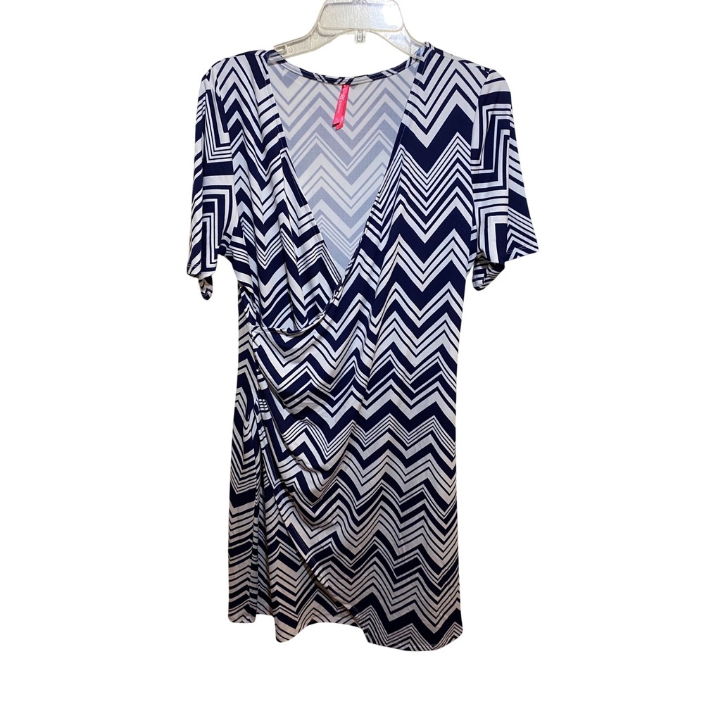 Ruby Ribbon Navy Blue White Chevron Faux Wrap Dress XL Short Sleeve V-Neck